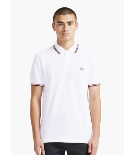 Polo Fred Perry blanco con franjas roja y marino M3600