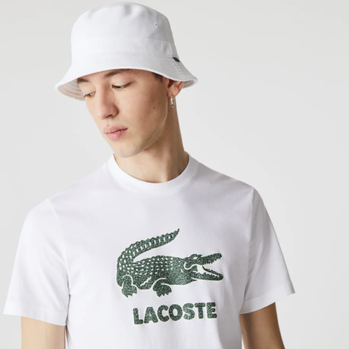 Camiseta de hombre de algodón con cuello redondo y logo craquelado blanca Lacoste - Imagen 5