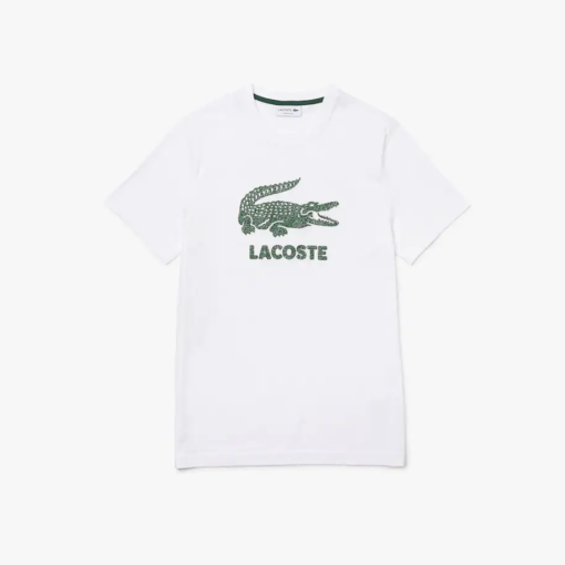 Camiseta de hombre de algodón con cuello redondo y logo craquelado blanca Lacoste - Imagen 4