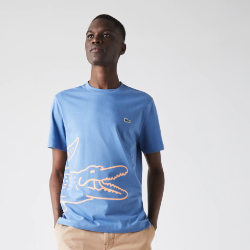 Camiseta de hombre de algodón ecológico con cuello redondo y estampado de cocodrilo azul Lacoste