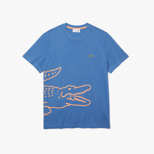 Camiseta de hombre de algodón ecológico con cuello redondo y estampado de cocodrilo azul Lacoste - Imagen 3