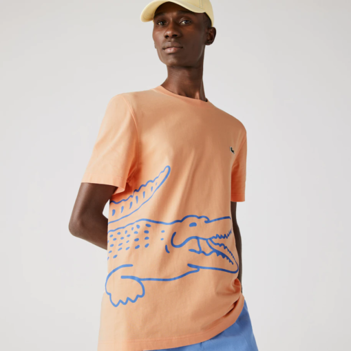 Camiseta de hombre de algodón ecológico con cuello redondo y estampado de cocodrilo naranja claro Lacoste