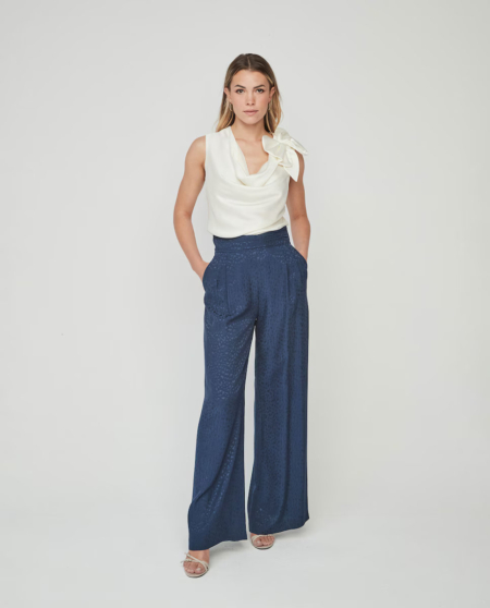 Pantalón ancho de mujer con pliegues en jacquard de viscosa UNIQUE UNLIMITED azul marino