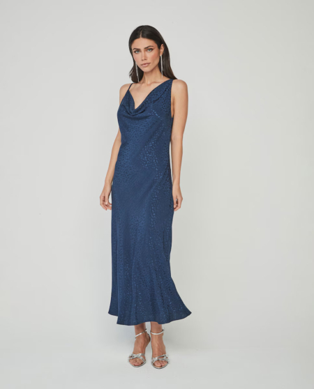 Vestido midi al bies en jacquard de viscosa UNIQUE UNLIMITED azul marino