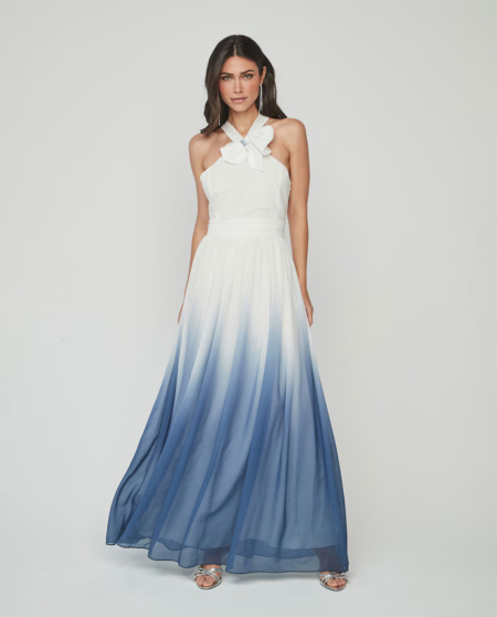 Vestido escote halter en gasa con estampado degradado UNIQUE UNLIMITED azul