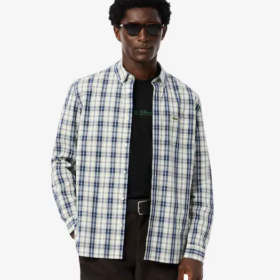 Camisa de popelín con cuadros escoceses blanco azul LACOSTE