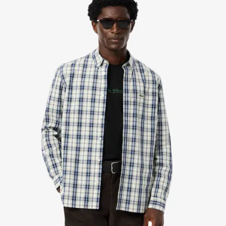 Camisa de popelín con cuadros escoceses blanco azul LACOSTE