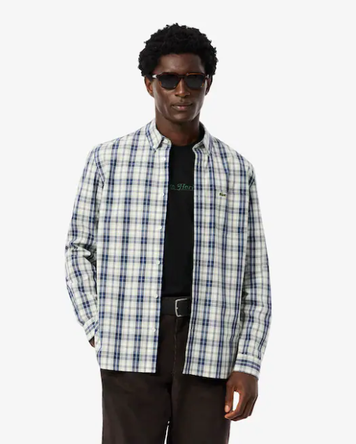 Camisa de popelín con cuadros escoceses blanco azul LACOSTE
