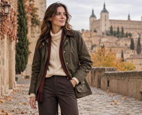 Mujer con chaqueta encerada de estilo británico en una calle de Toledo durante el otoño