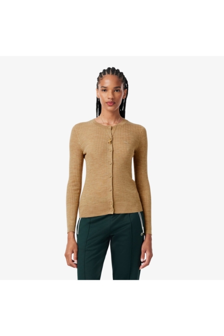 Chaqueta de punto de lana merina en punto de canalé Lacoste mujer Beige - imagen 1