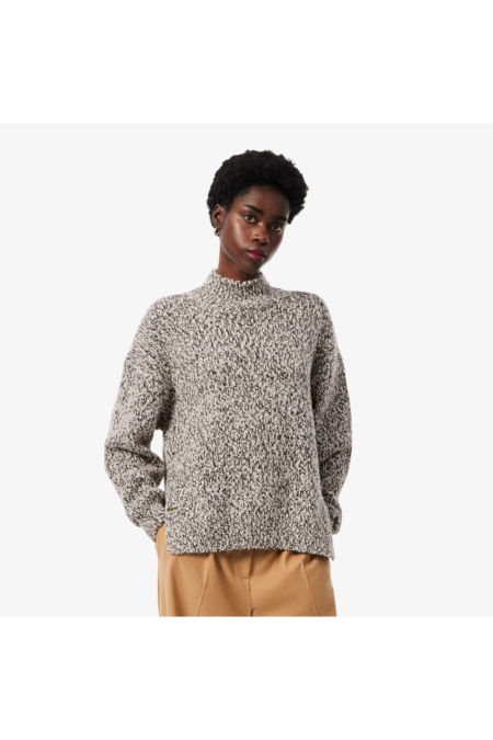 Jersey de cuello alto de lana mercerizada Lacoste mujer Beige, marrón y negro - imagen 1