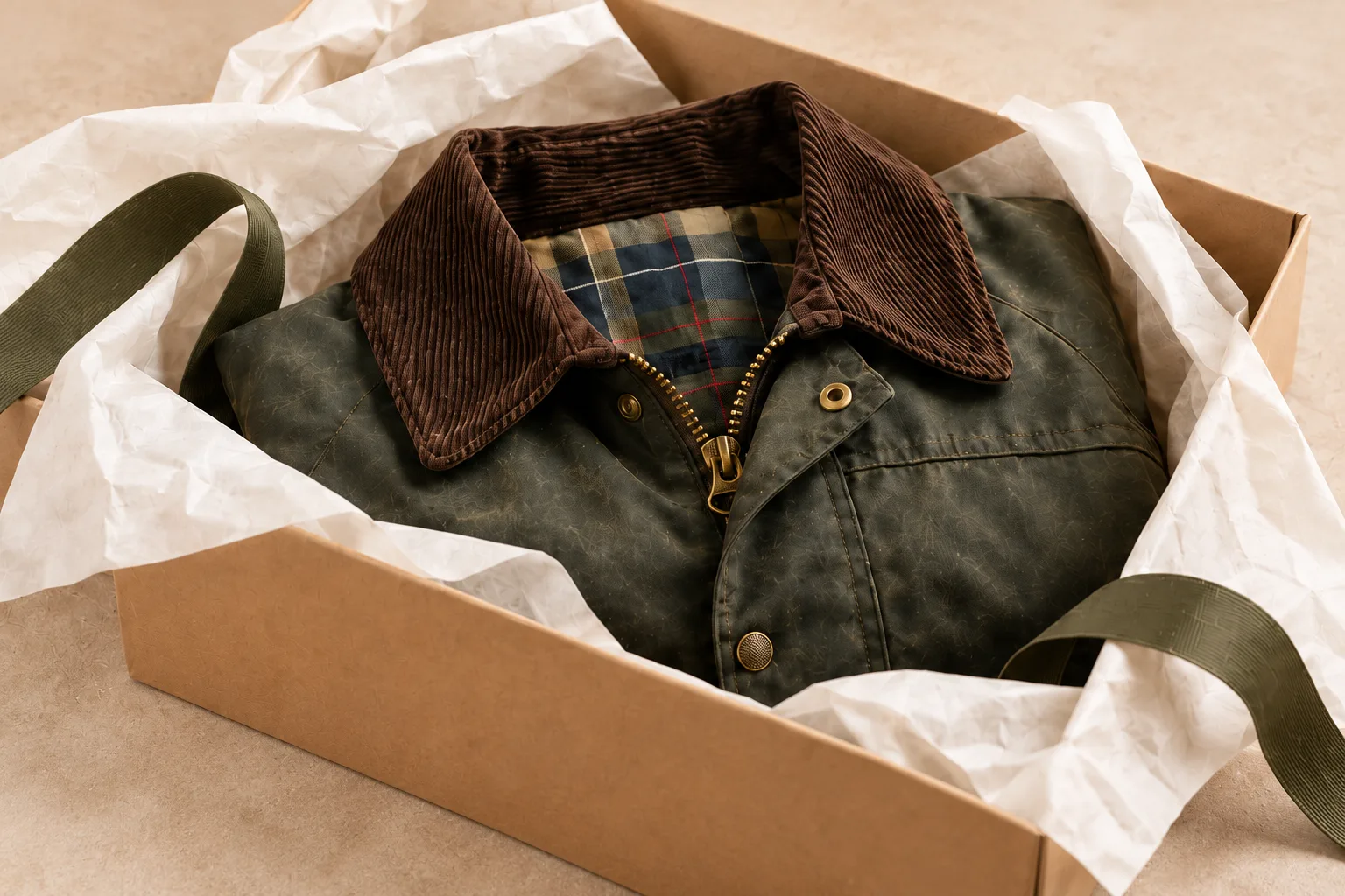 Chaqueta encerada verde oliva envuelta en papel de seda dentro de una caja de regalo; imagen ilustrativa.